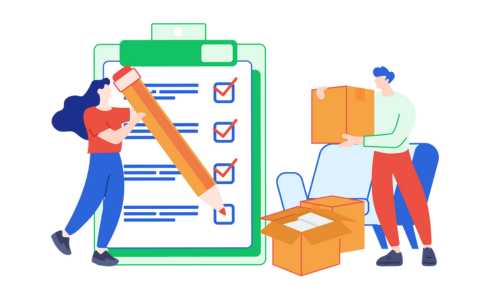 Illustratie van een vrouw die met een grote potlood een verhuischecklist afvinkt op een clipboard, terwijl een man verhuisdozen inpakt in een woonkamer